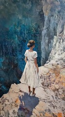 Woman in White Dress Contemplating Ocean View