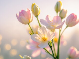 Obraz premium Spring blooms illuminated by golden morning light in a bright setting