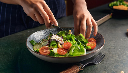 Closeup image of hand slicing the salads and ready to be served 