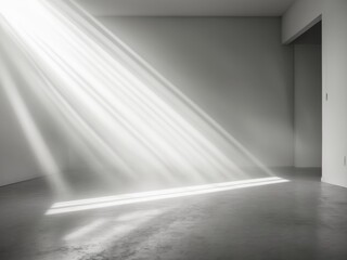 Light beams illuminating dark room with concrete floor