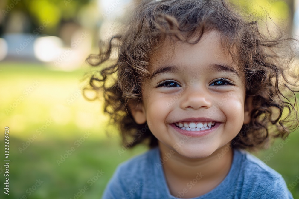 Poster smiling child enjoying a sunny day in the park with green grass in the background and bright, cheerf
