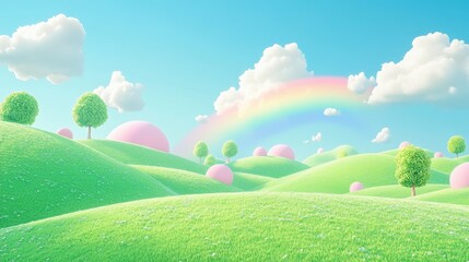 illustration of Summer fields landscape with a dawn,Rainbow, green grass hills, bright color blue sky, country background,banner resting vacation.