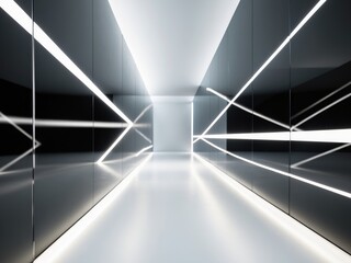 Modern black glass surface with illuminated geometric light lines.