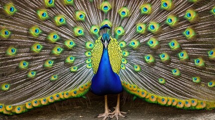 Obraz premium A beautiful male peacock is displaying his colorful feathers proudly