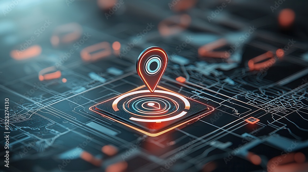 Poster a detailed close up view of a futuristic navigation interface featuring a glowing location marker an
