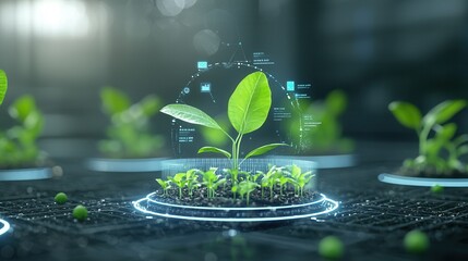 This image presents a futuristic vision of agriculture showcasing the of advanced technologies to enhance sustainable and efficient food production including features like smart sensors