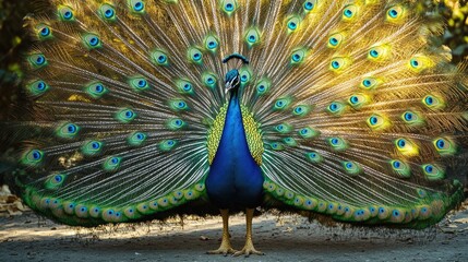 Obraz premium A male peacock displays his vibrant and beautiful plumage feathers fully spread