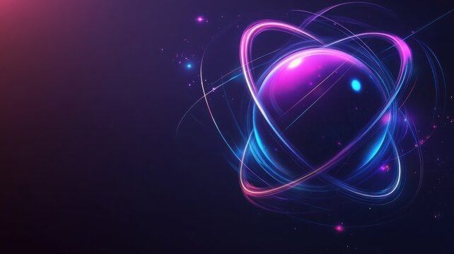 Glowing 3D atom model with orbiting electrons in neon colors against dark background. Generative AI - Powered by Adobe