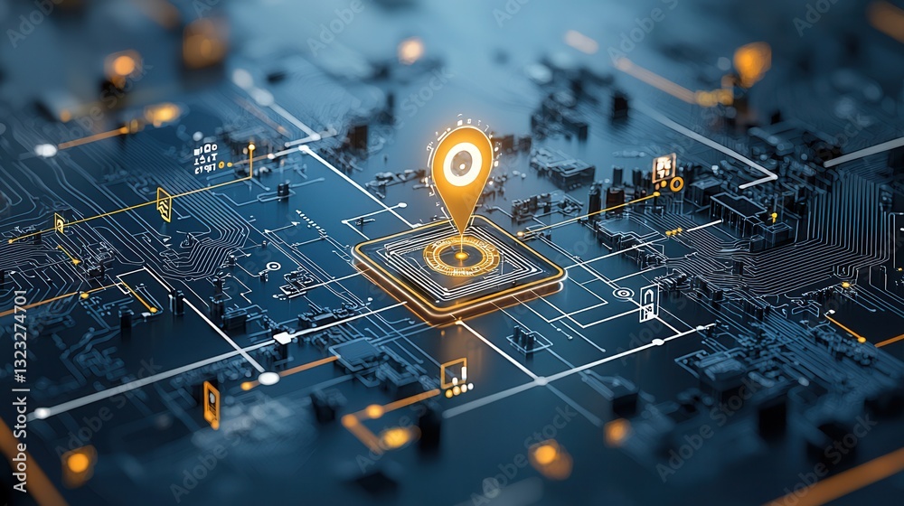 Poster innovative high tech global positioning concept featuring a futuristic digital circuit board with in