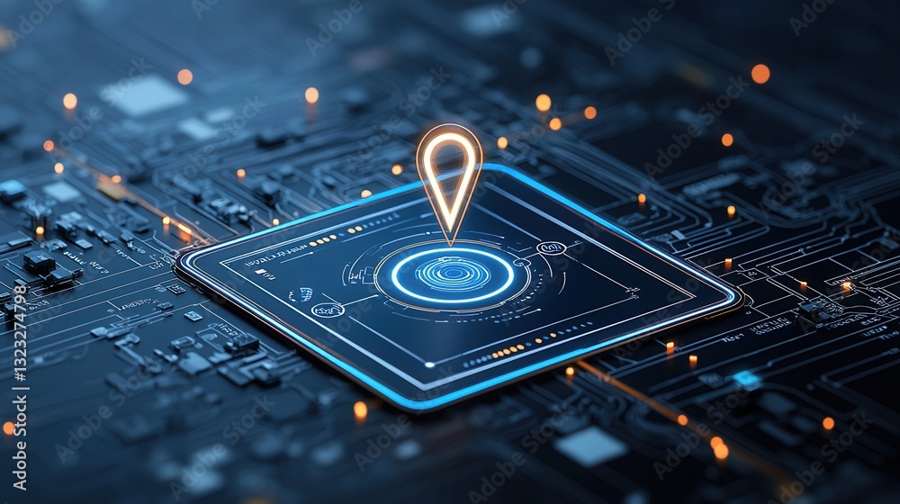 Poster a high tech futuristic image depicting a global positioning system concept with a digital marker hov