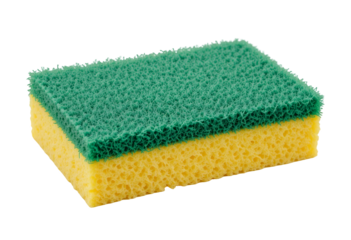 Close-up of Green and Yellow Cleaning Sponge on White Background for Hygiene