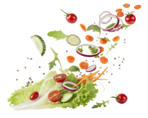 A bowl of fresh vegetable salad with flying ingredients, including lettuce, cucumber, tomatoes, onion, and carrots, isolated on white background. Perfect for healthy eating concepts.