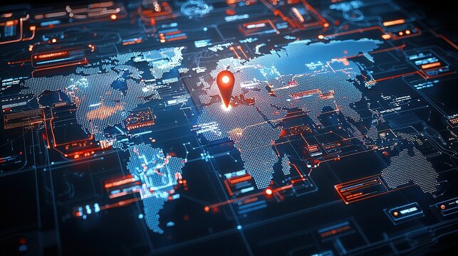 This image showcases a futuristic mapping concept with a high tech visualization of global connectivity infrastructure and data analytics