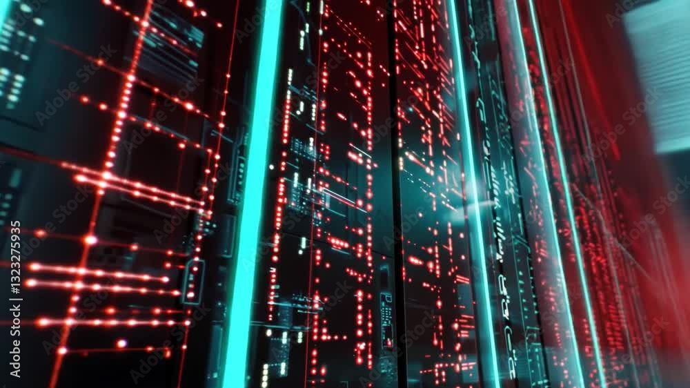 Poster futuristic digital interface and data center with glowing red and blue lights showcasing complex dat
