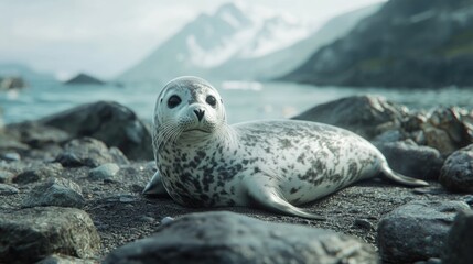 A Seal Lying Down On Pebbles Near Cold Mountainous Terrain