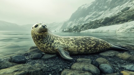 Obraz premium A harbor seal resting peacefully near icy mountain scenery
