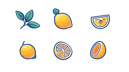 Lemon and citrus fruit icons set in modern hand-drawn style
