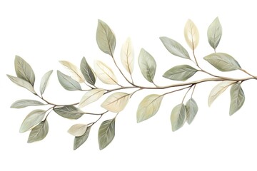 Elegant Greenery Branch with Delicate Olive and Beige Leaves Isolated on White
