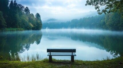 Serene Lake View with Fog and Mist at Dawn Surrounded by Lush Green Trees and a Tranquil Bench by the Water's Edge