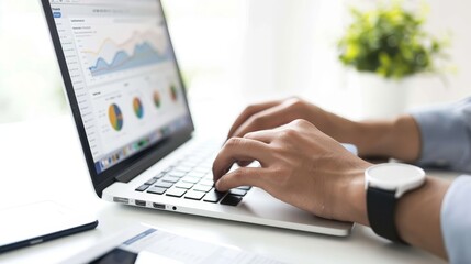 Person Analyzing Data on Laptop with Charts and Graphs in Bright Office