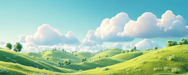 Fototapeta premium illustration of Summer fields landscape with a dawn,Rainbow, green grass hills, bright color blue sky, country background,banner resting vacation.