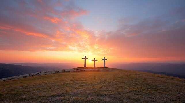 Ethereal silhouette of three crosses against a radiant vibrant sunrise over a serene rolling hilltop landscape conveying themes of faith hope and spiritual transcendence