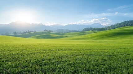 Fototapeta premium A peaceful lush green meadow with rolling hills and distant mountains in the background creating a serene and picturesque landscape under a bright blue sky with fluffy clouds