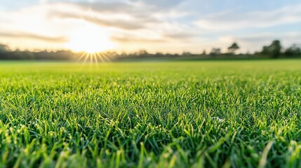 Fototapeta premium This serene image captures the lush vibrant texture of a verdant grass field bathed in the warm glow of the setting sun The scene exudes a sense of peace and tranquility