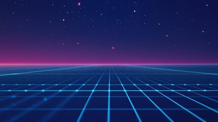 Retro futuristic grid landscape with vibrant pink and blue hues under a starry night sky.