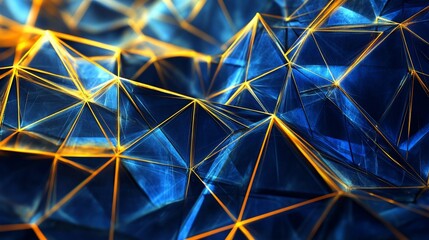 Abstract geometric shapes with vibrant blue and gold lines, forming a complex network pattern.