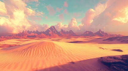 Naklejka premium Serene Desert Landscape at Dusk with Majestic Mountains and Vibrant Sky Filled with Colorful Clouds
