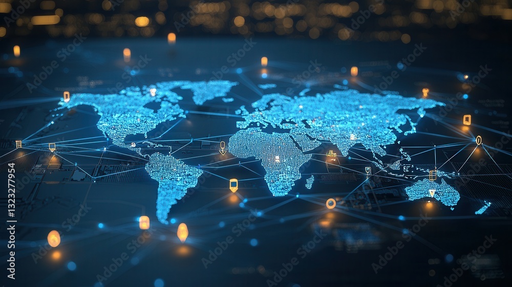 Poster this image presents a captivating visualization of a vast interconnected global network with bright 