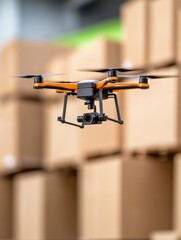 Futuristic drone flying autonomously in warehouse district with cargo delivery optimizing last mile transportation for streamlined logistics and smart urban mobility solutions