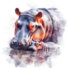 Fototapeta premium A Mother Hippopotamus and her Calf in a Serene Water Setting. A heartwarming illustration showcasing the bond between a hippo mother and her young.