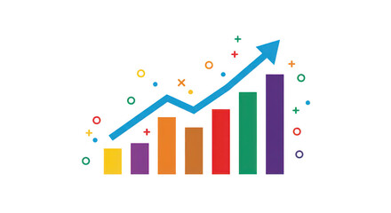 Colorful bar graph with upward-trending blue arrow, symbolizing growth and progress on a white background