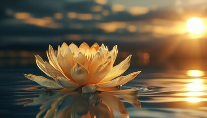 Hyper realistic cinematic lotus flower at sunset on tranquil water with copy space