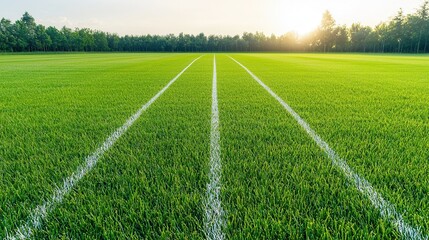 Obraz premium Bright lush green grassy field with stark white lines and markings on the surface surrounded by trees at golden hour sunset