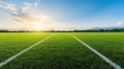 Obraz premium A picturesque outdoor scene featuring a well maintained soccer or football field with crisp white boundary lines standing out against the lush verdant grass under a serene cloudless sky