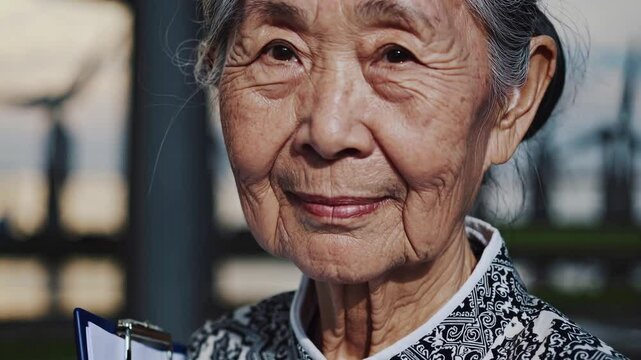An elderly Asian woman, approximately 80 years old, stands confidently outdoors, holding a clipboard filled with documents, signifying her role in community engagement and environmental advocacy.