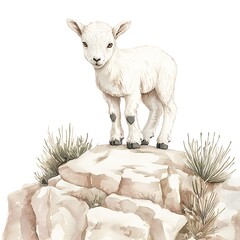 Adorable Mountain Goat Kid Perched on Rocky Outcrop. A charming illustration of a young mountain goat standing proudly on a rocky peak.