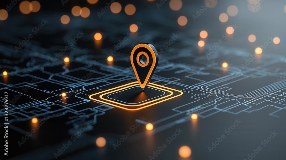 Poster glowing digital location marker icon set against a complex network of technology connections and sig