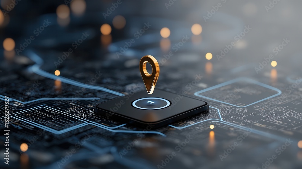 Poster close up of a high tech location pin or marker displayed on a digital map or network the image repre