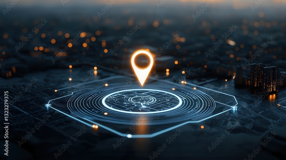 Poster high tech location pin icon displayed against a glowing futuristic cityscape with illuminated skyscr
