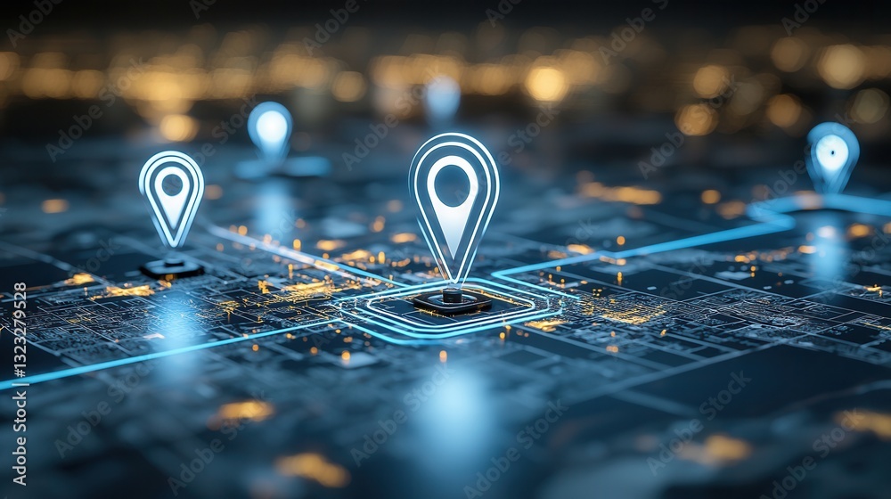 Poster this image depicts a close up view of a glowing navigation pin on a futuristic digital map interface