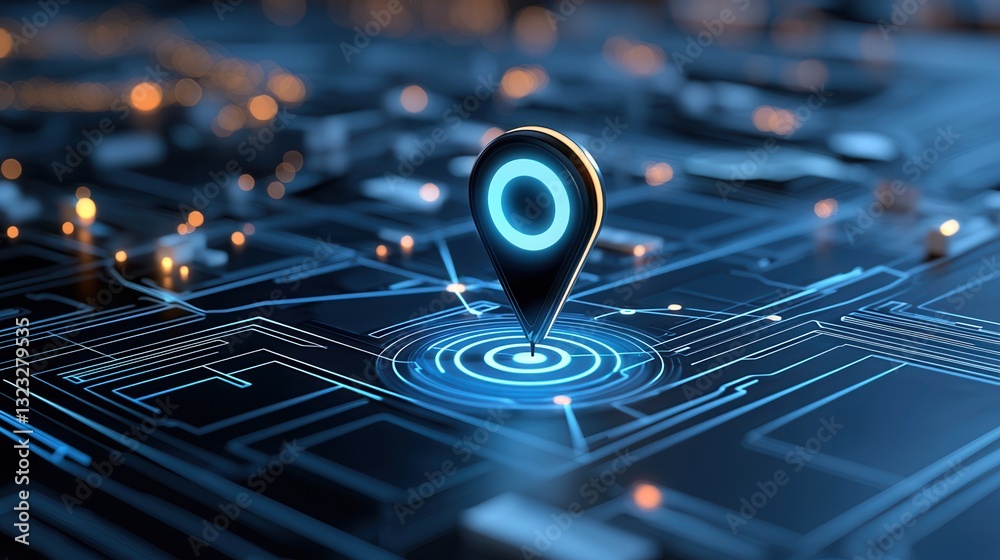Poster Closeup view of a glowing navigation pin icon on a futuristic digital map with intricate interconnected lines and data visualizations representing smart city infrastructure mobility