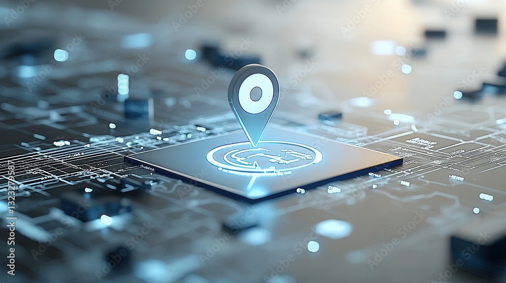 Poster close up view of a navigation pin icon placed on a detailed digital map interface representing locat