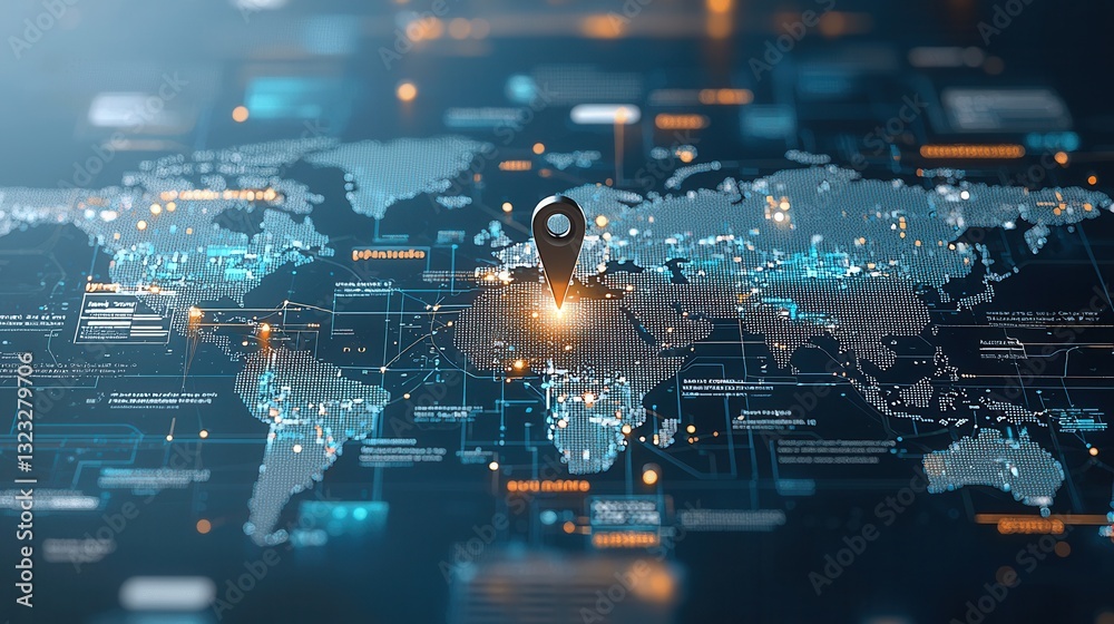 Poster futuristic global digital connectivity and data visualization concept displayed on a detailed world 
