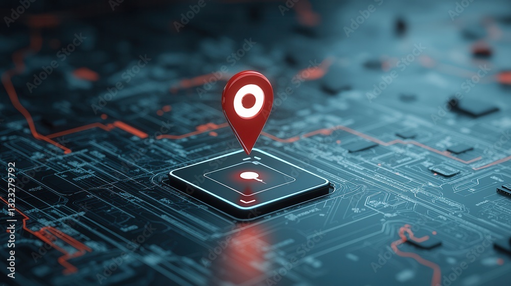 Poster a close up view of a red pin point marker placed on a vibrant blue digital circuit board or map repr