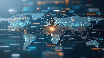 Futuristic global digital connectivity and data visualization concept displayed on a detailed world map with illuminated navigation pin and data points representing modern information networks