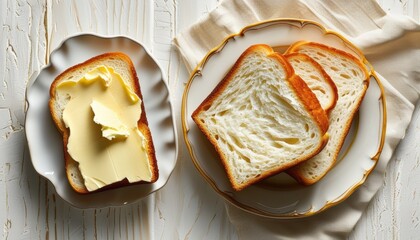 Top view of freshly baked white bread slices with butter for breakfast and meal preparation